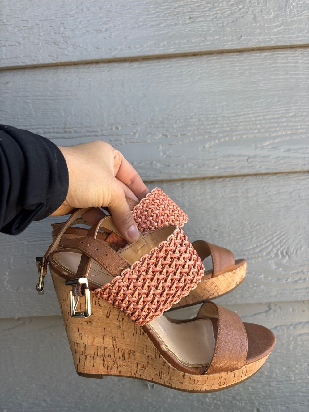 Jessica Simpson Tan Cork Wedges with Coral Woven Strap